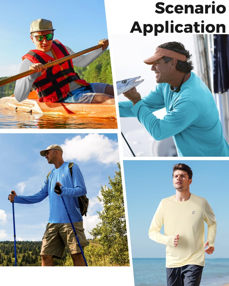 EoBeKee Sun Protection Shirts for Men, UPF 50+ UV SPF Long Sleeve Outdoor Rash Guard for Fishing Hiking Swimming Running Quick Dry Lightweight Yellow
