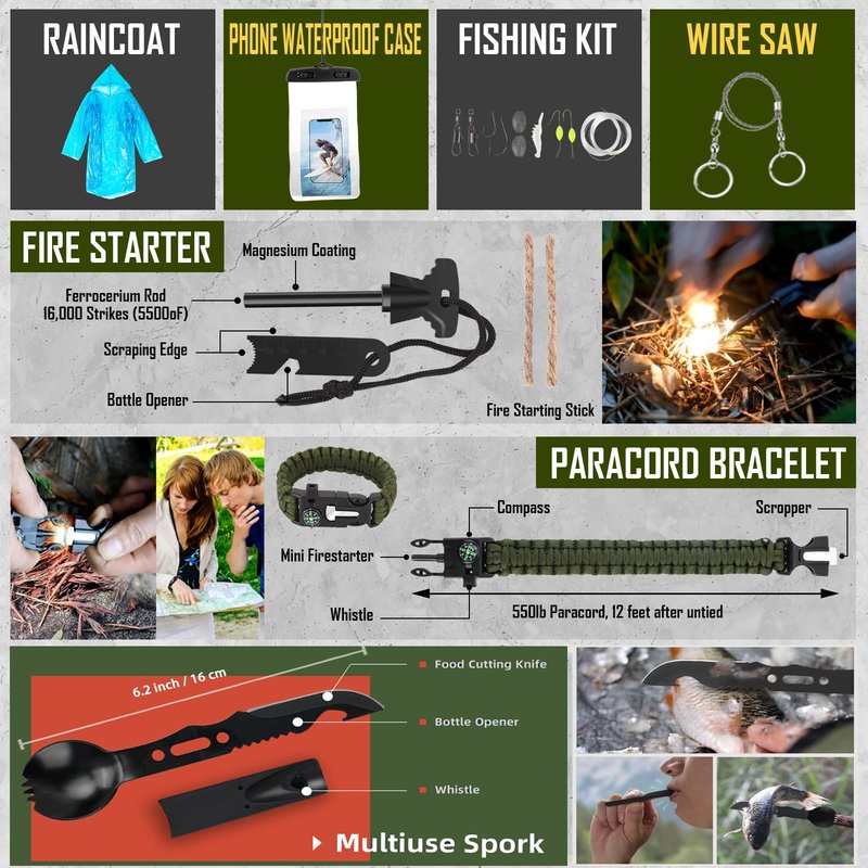 Survival Kit, 268 Pcs Emergency Survival Gear and Equipment Supplies with First Aid Kit, Camping Axe, Headlamp, Crossbody Bag for Camping Hiking, Hunting, Gift for Christmas Men, Dads, Black