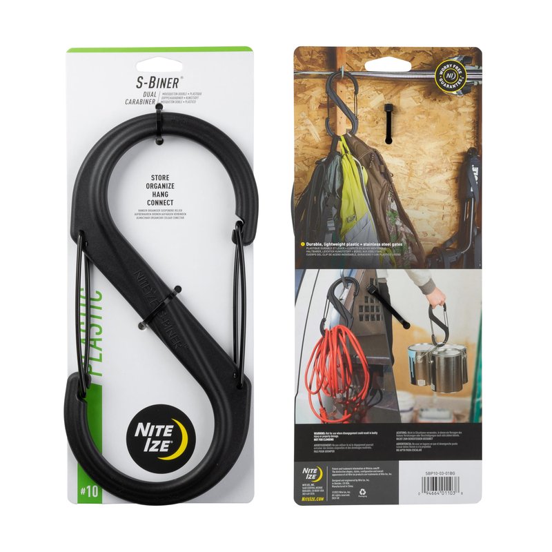 Nite Ize S-Biner Plastic Dual Carabiner - Daily Use Double-Sided S-Biner - Dual Clip Carabiner Accessory for Holding & Organizing - Accessory for Camping & More - Black, Size 10 (2 Pack)