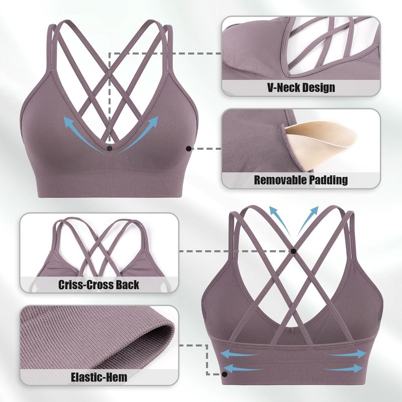 Sports Bra for Women,V-Neck Strappy Sports Bras Padded Criss Cross Back Low Support Yoga Bra with Removable Cups 3 Pack