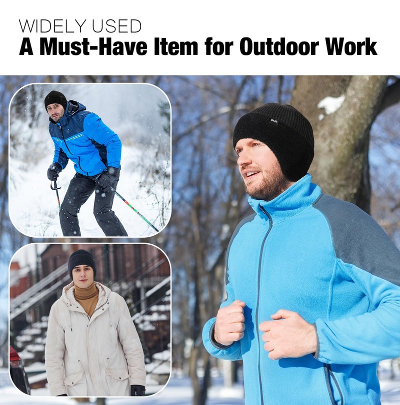 Wmcaps Winter Fleece Line Beanie Hats with Earflap for Men Women, Outdoor Warm Thermal Knitted Stocking Caps Blue