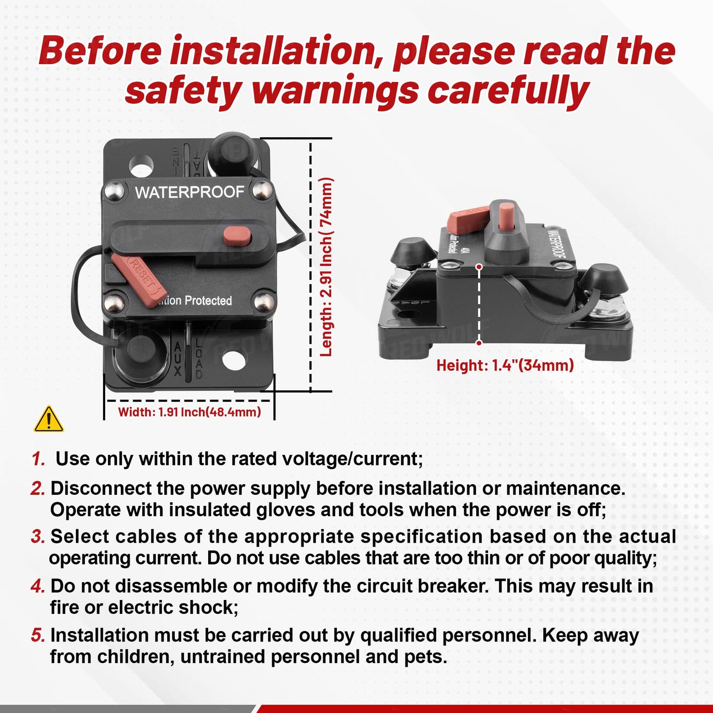 RED WOLF 60 Amp Circuit Breaker W/Ring Terminal 6 Gauge Connector Manual Reset Switch for Boat Trolling Motor Marine ATV Trailer Vehicles Stereo Audio Electronic Battery Solar System Inline Fuse