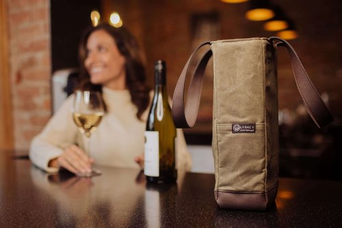 PICNIC TIME 2 Bottle Insulated, Distressed Waxed Canvas Tote, Wine Gift Bag, Khaki Green with Beige Accents
