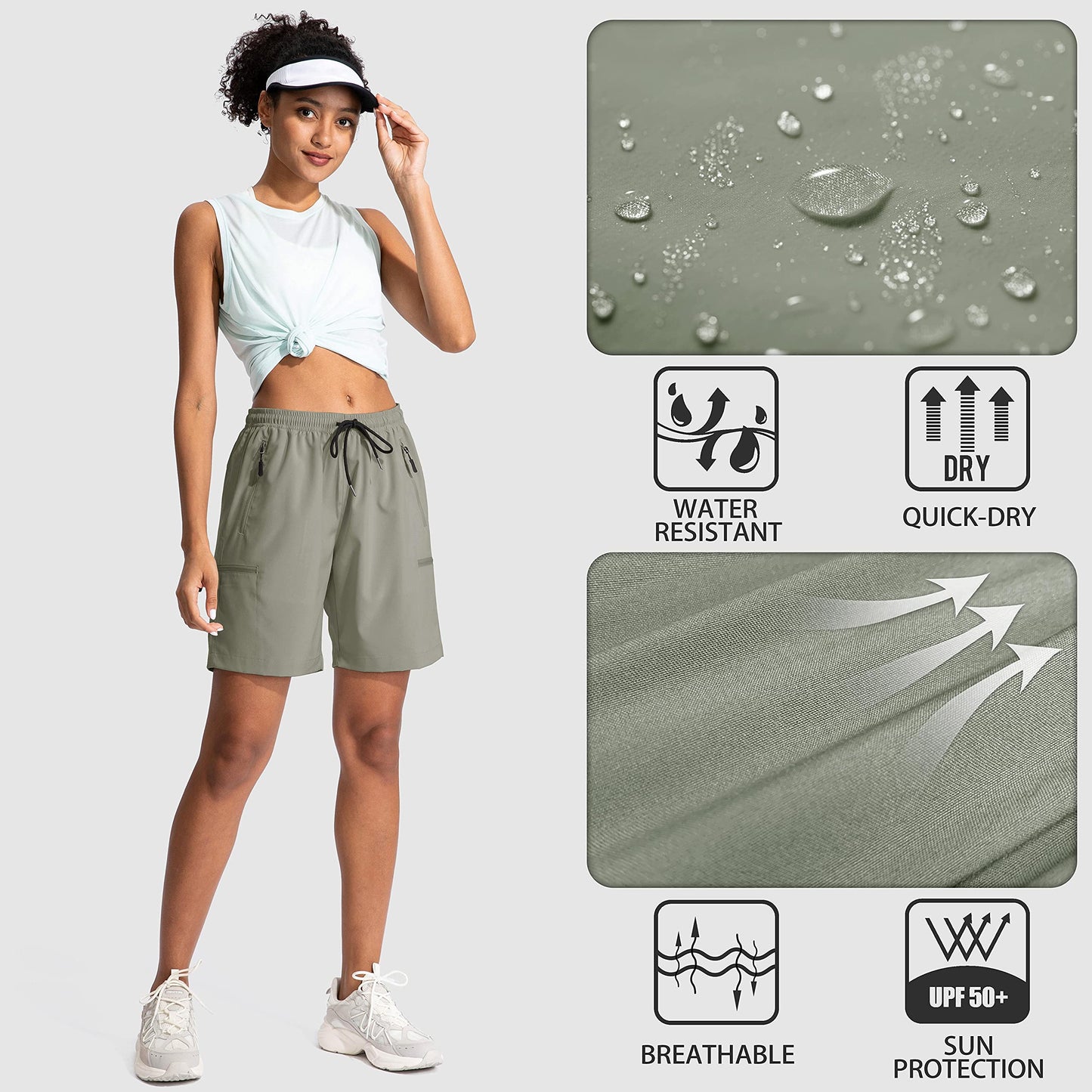 SANTINY Women's 5''/ 7''/9'' Hiking Cargo Shorts Quick Dry Lightweight Summer Shorts for Women Athletic Golf Zipper Pockets(Silver Sage_S)