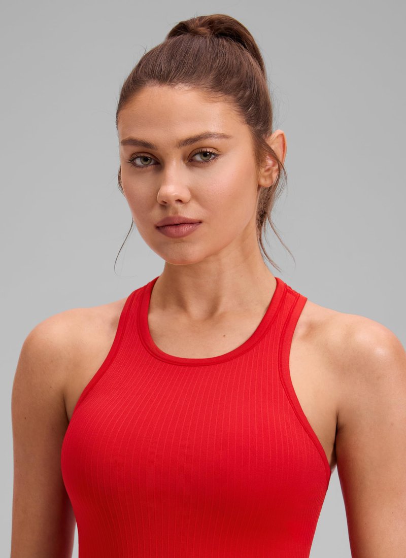 CRZ YOGA Seamless Ribbed High Neck Crop Tank Tops for Women - Longline Racerback Padded Sports Bras Deep Red Small