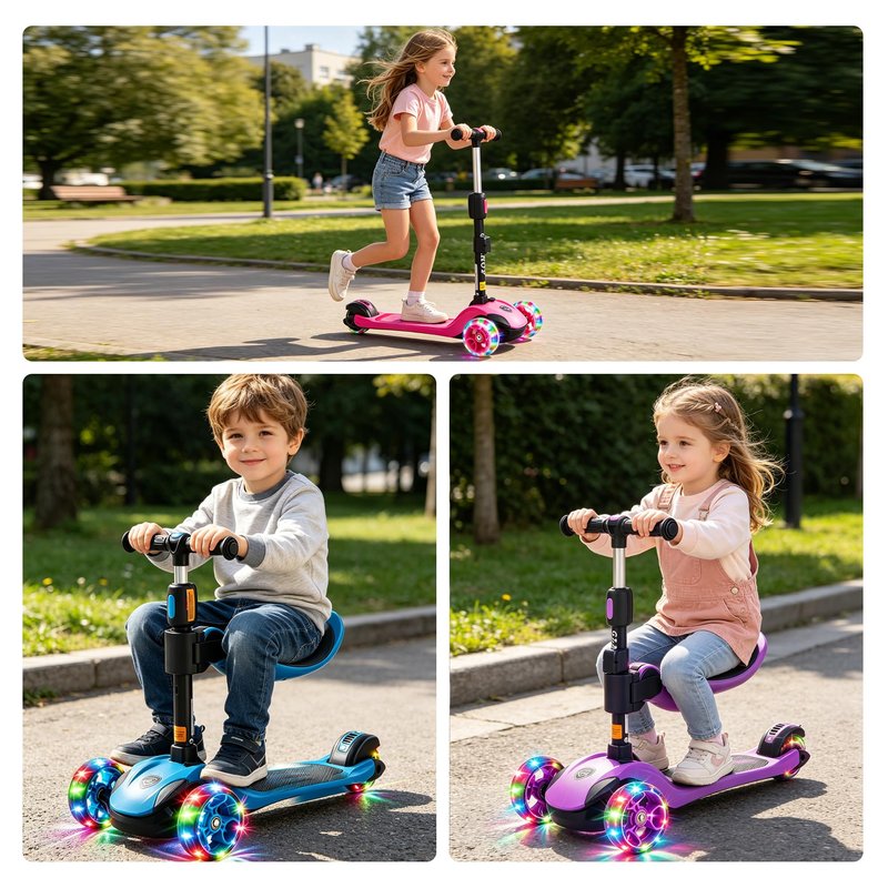 GLAMUP 3-Wheel Scooter for Kids, 2-in-1 Folding Kick Scooter with Removable Seat, Adjustable Height & Safety Lock, Lean-to-Steer, LED Light-Up Wheels for Boys and Girls Ages 3-14, Blue