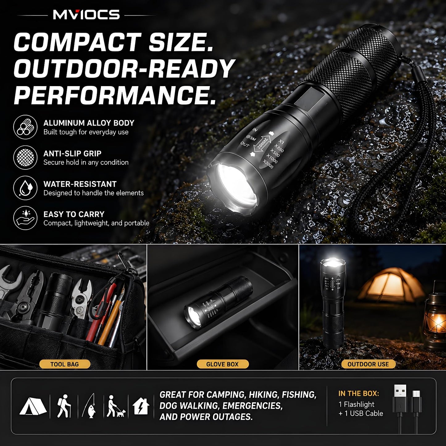 MVIOCS 4-in-1 Red Rechargeable Flashlight - Multi-Color LED (White/Red/Blue/Green) Torch with 4 Modes, High Lumens Zoomable Flashlight for Camping, Observation, Emergency & Outdoor Adventures