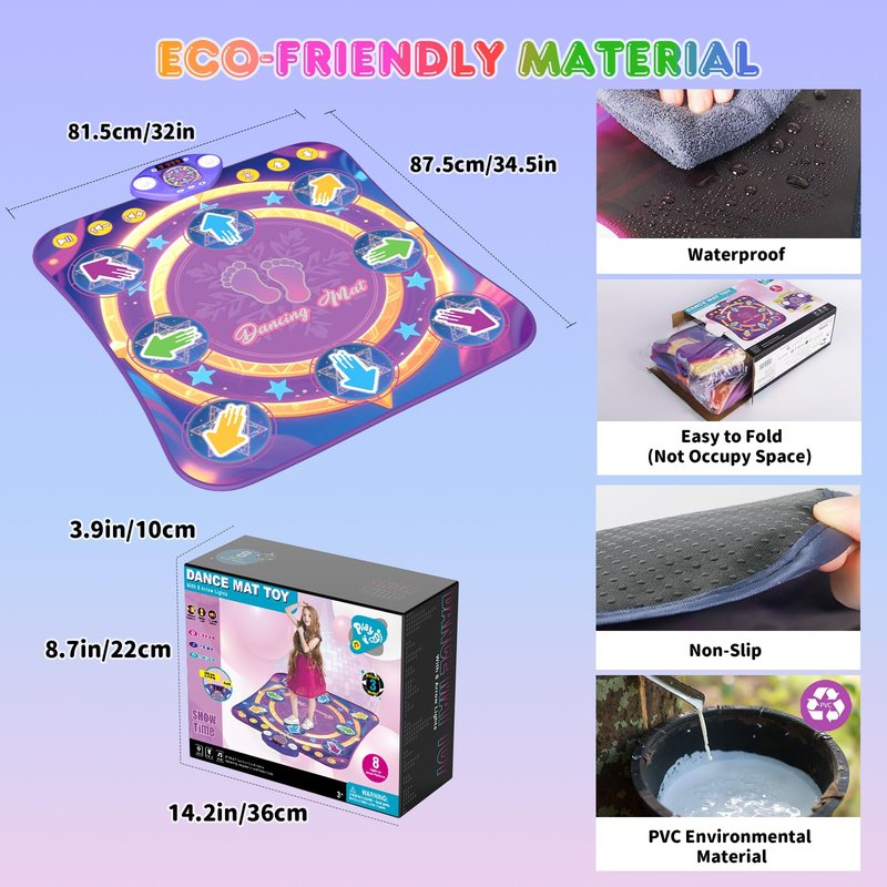 Dance Mat Toys for 3-12 Year Old Girls & Boys, Dance Mats with Light Up 8-Buttons & Wireless Bluetooth, Music Dance Toy with 5 Modes Game, Birthday Xmas Gifts for 3 4 5 6 7 8 9 10+ Year Old Girls Boys