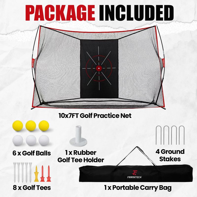 FRANKTECH Golf Net, 10x7ft Heavy Duty Practice Hitting Net for Indoor & Outdoor Backyard Driving, Includes Target, Carry Bag, Balls, Ideal Golf Gifts for Men, Dad, Him