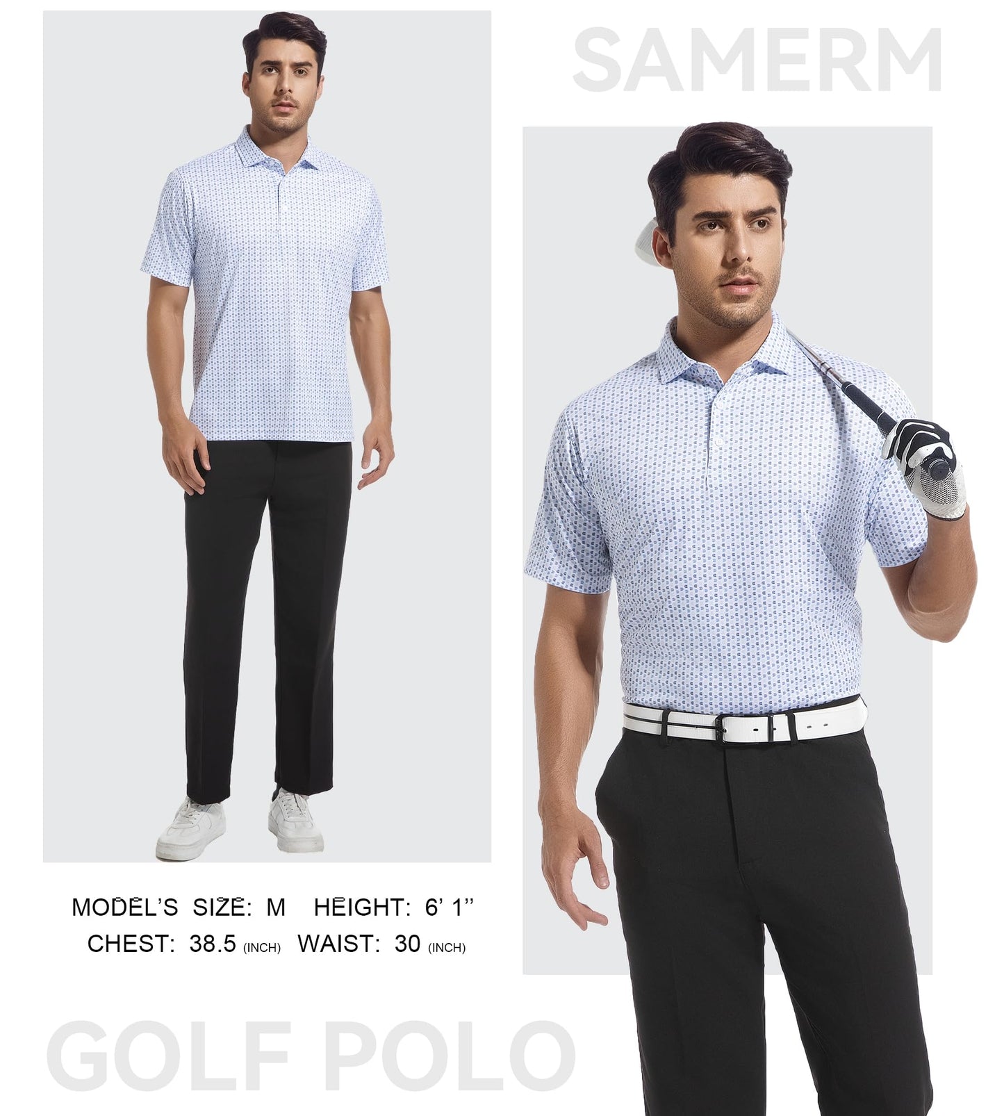 SAMERM Mens Golf Shirts Short Sleeve Dry Fit Performance Moisture Wicking Print Sport Polo Shirts for Men Casual,White U,XL