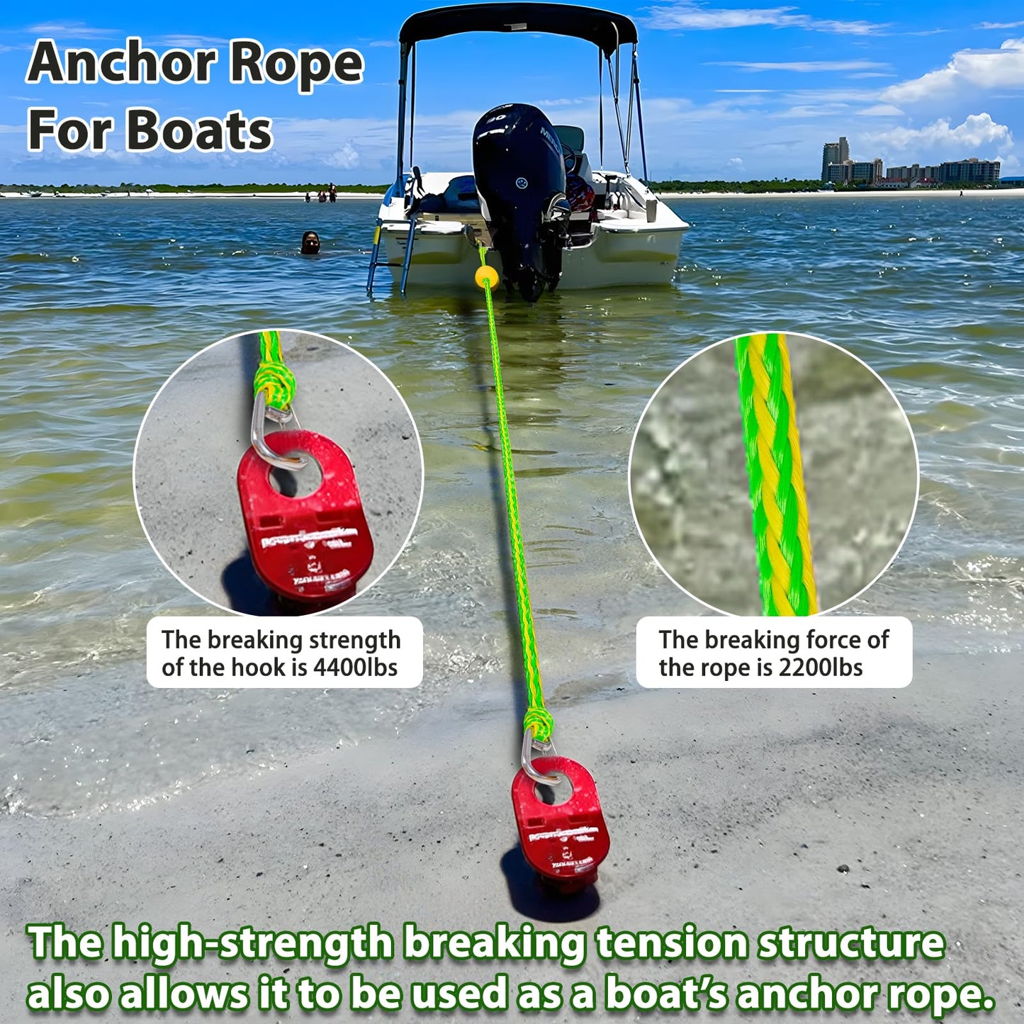 Botepon Jetski Tow Rope and Anchor Line – 40FT Floating Towing Rope for Jet Ski Rescue, PWC Recovery, and Anchor Lines for Bass Boats, Jon Boat, PWC, Seadoo – 2200 lbs Break Strength