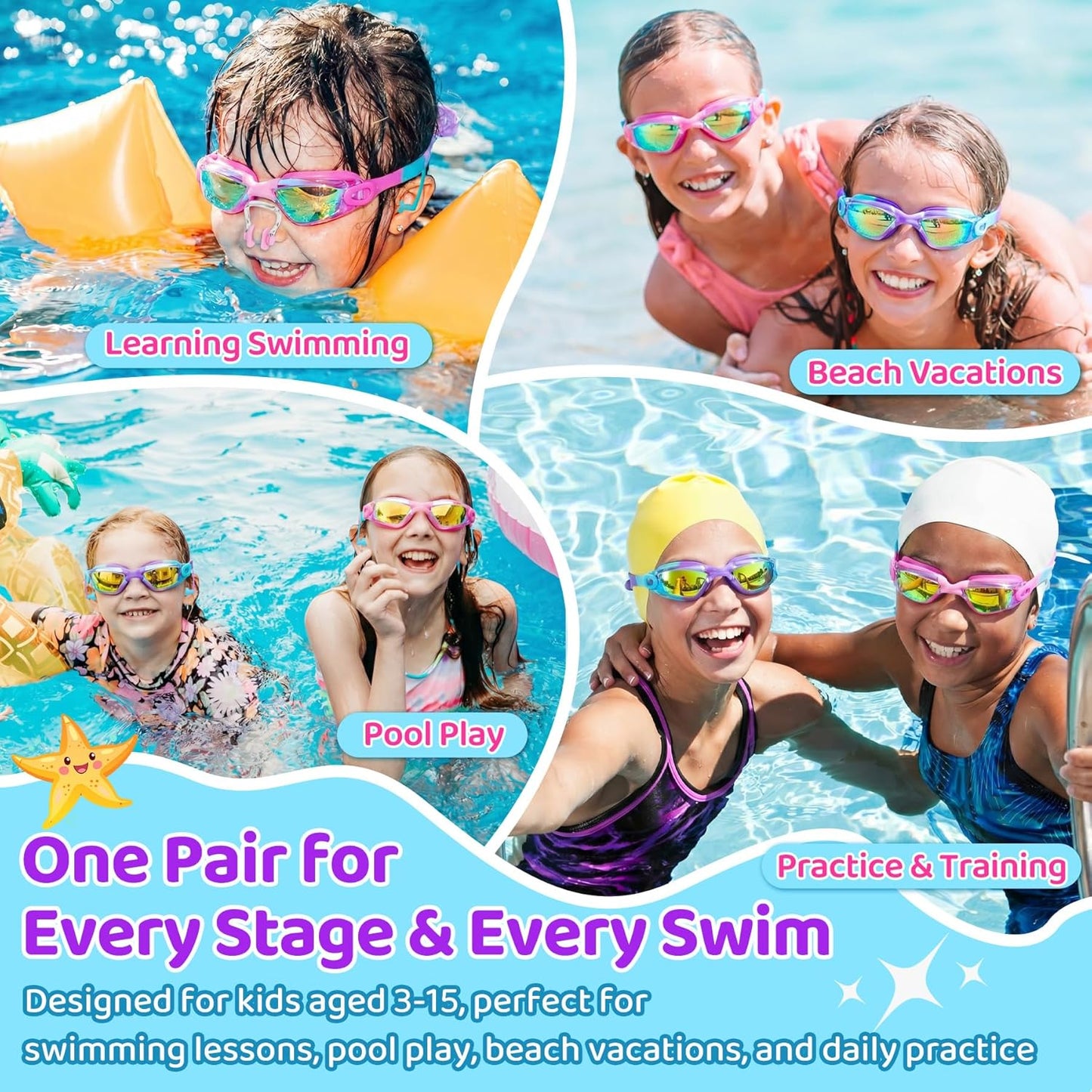 Vvinca Kids Swimming Goggles - Anti-Fog UV Protection | Leak-Proof Design, 2-Pack for Ages 3-15