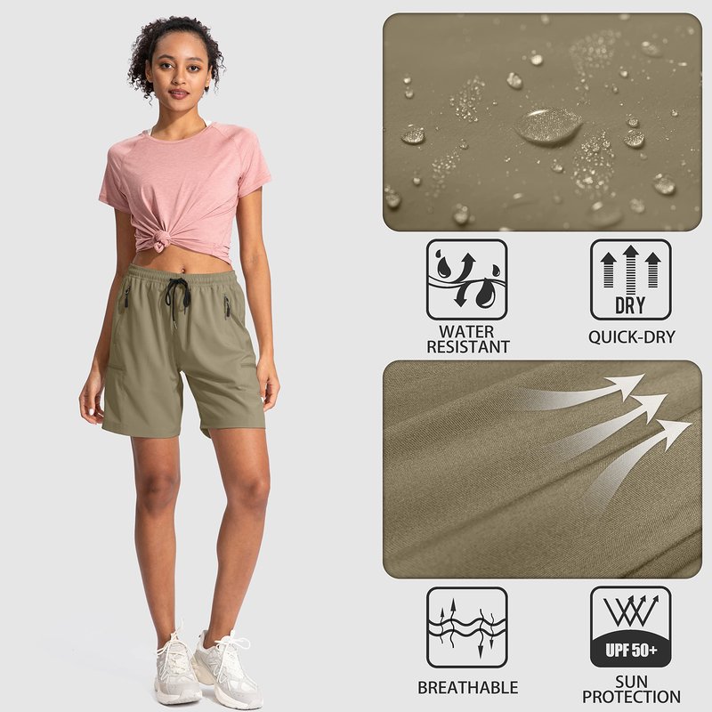 SANTINY Women's 5''/ 7''/9'' Hiking Cargo Shorts Quick Dry Lightweight Summer Shorts for Women Athletic Golf Zipper Pockets(Dusty Khaki_M)