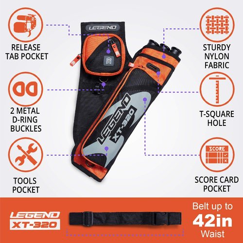 Legend XT320 Archery Quivers - Right Handed Nylon Hip Quivers with 3 Arrow Tube Cases for Target Shooting - Adjustable Waist Belt, T-Slot, Compartments for Accessories, Tools, Release Tab - Orange