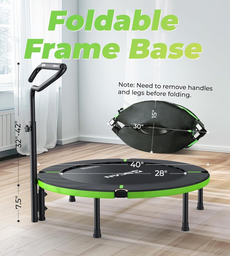 BCAN 40" Foldable Mini Trampoline - Adjustable Foam Handle for Indoor & Garden Workouts | Max Load 330lbs, Black