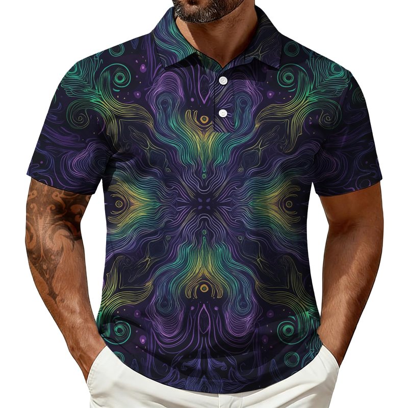 Funny Polo Shirt for Men Dressy Casual Short Sleeve Button Down Golf Shirts Vintage Symmetry Line Print Pattern Loose Fit Summer Tops Lightweight Quick Dry Vacation Beach Hawaiian Clothes,XL
