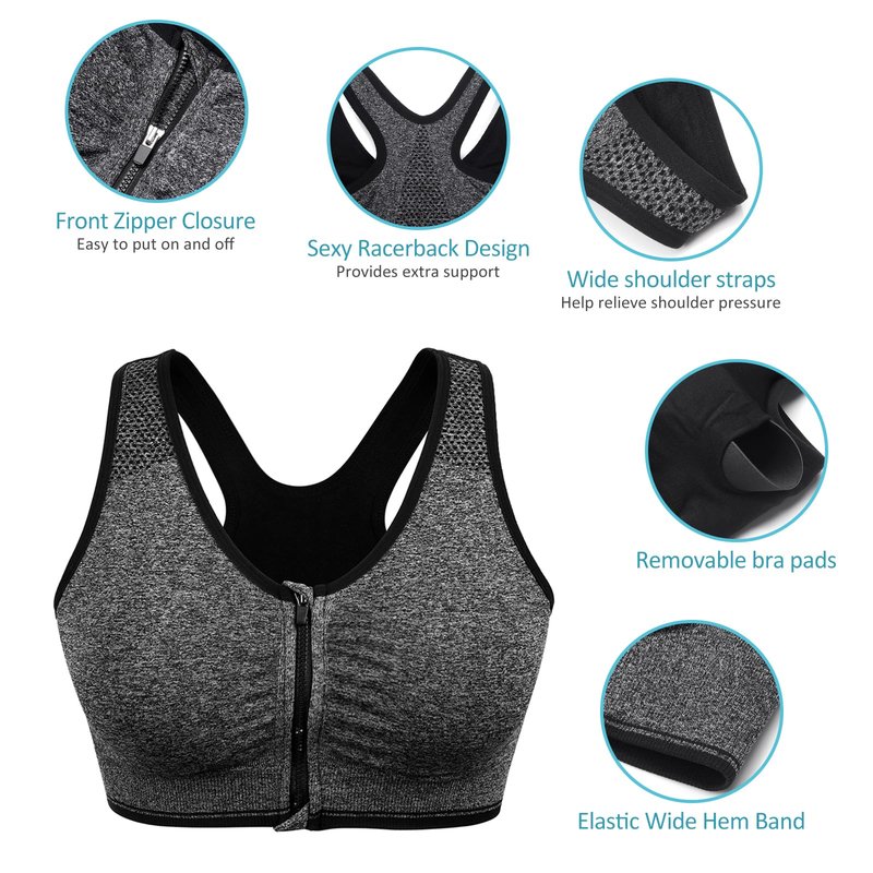 Women's Zip Front Sports Bra Wireless Post-Surgery Bra Surgical Bra Racerback Sports Bras Post Mastectomy Bra Workout Running Active Fitness Bras 3 Pack (Large, 3 Pack(Black+Grey+Light Purple))