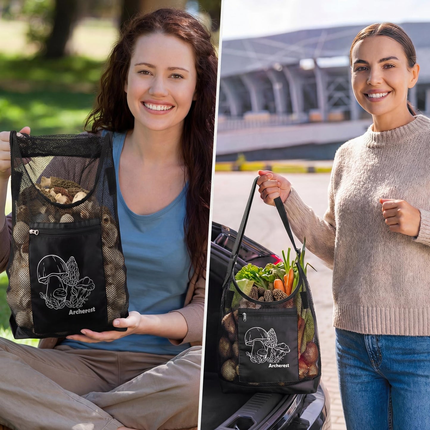 2 Pack D-shaped Opening Mushroom Foraging Bag, Morel Picking Mesh Hunting Pouch for Outdoor Foraging and Fruit, Mushroom Basket Harvesting Bags with Adjustable Shoulder Strap