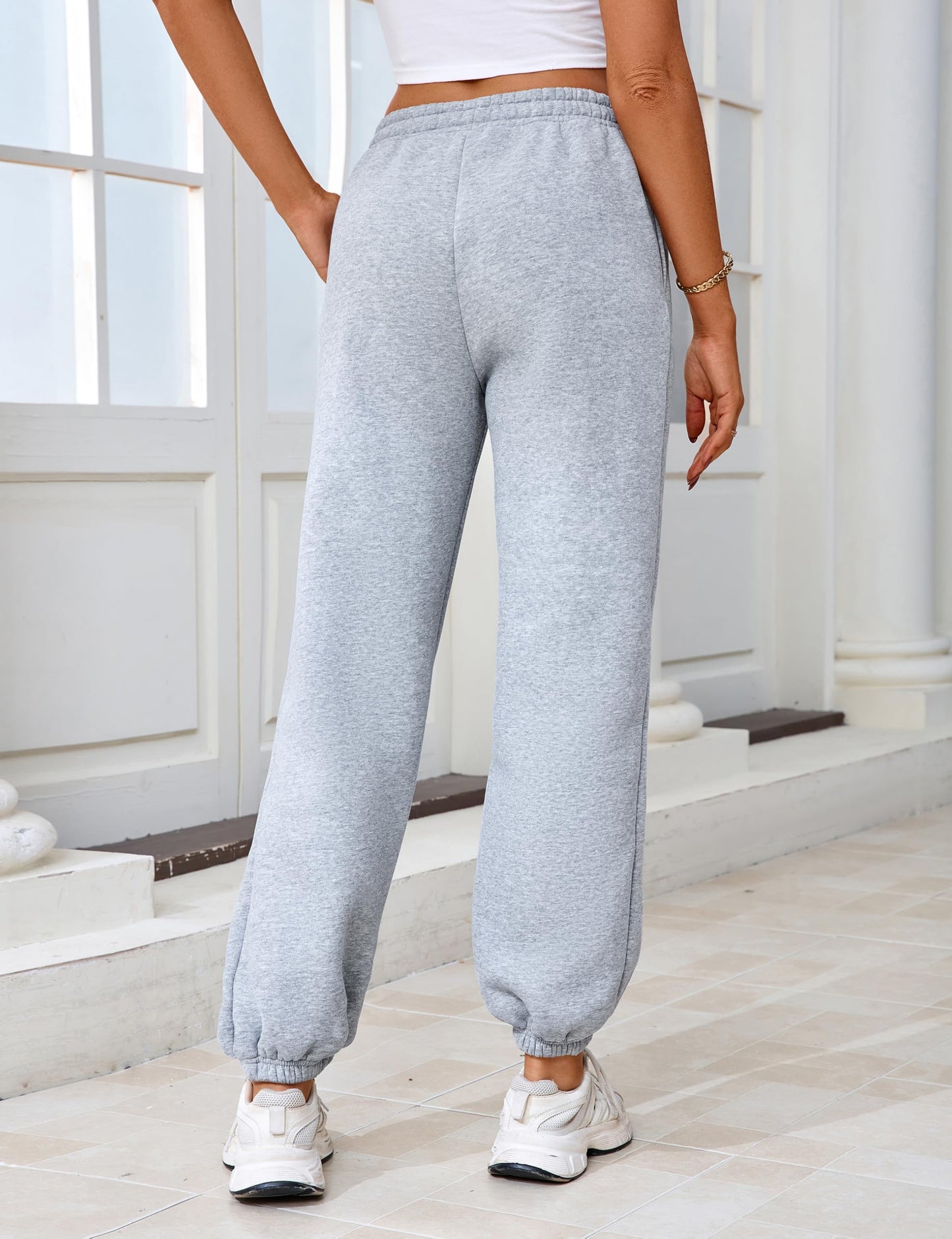 Warmrole Gray Sweatpants Fleece-Lined Lounge Pants High Waisted Comfy Workout Active Joggers for Women, Medium