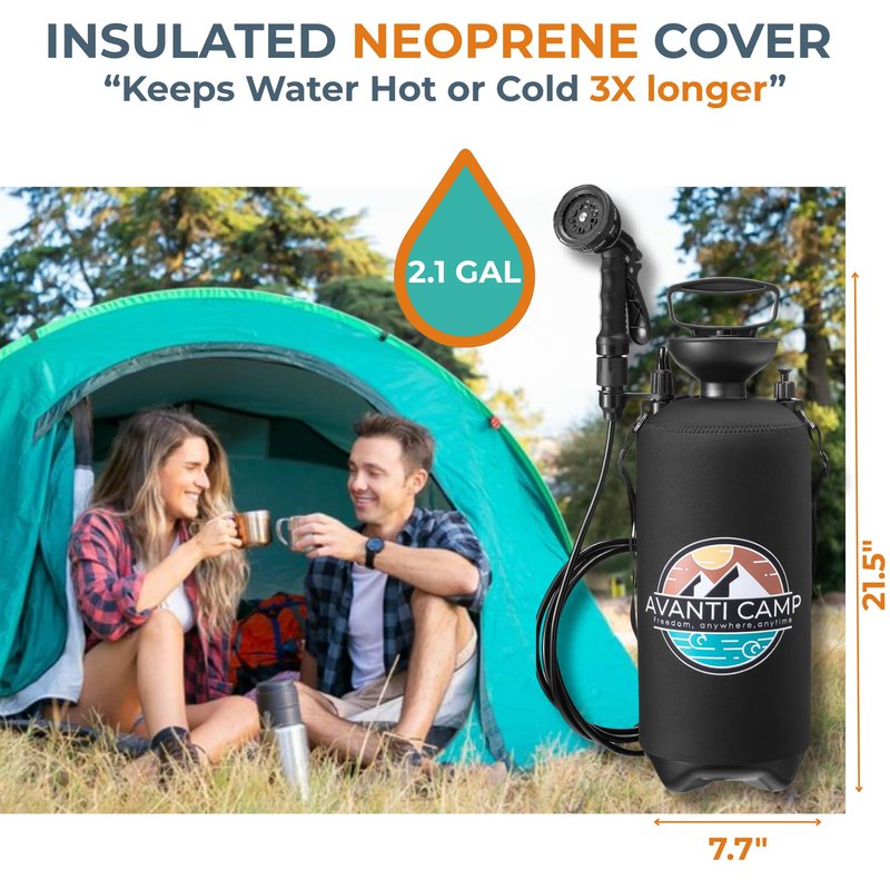 AVANTI CAMP 2.1 Gallon Pressurized Portable Camping Shower | 10 Spray Modes | Neoprene Insulated Cover & Padded Shoulder Strap | Beach Shower for Surf, Travel, Van Life & Sand | Pet Rinse Kit | Black