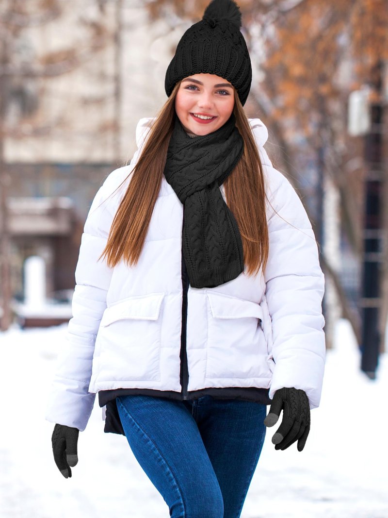 Aneco Women Winter Beanie Hat Scarf Gloves with Pom Pom Fleece Lined Touchscreen Gloves Set Thick Warm Knit Cap 3-in-1 Set Black