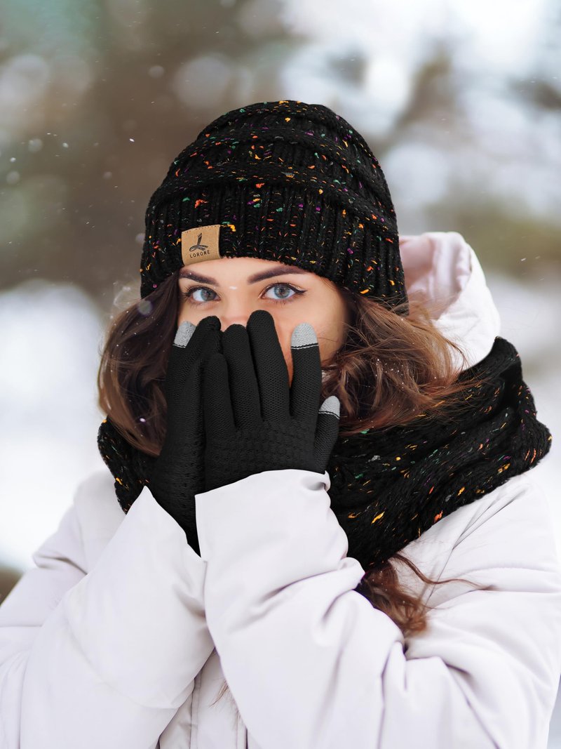 Winter Beanie Hat Scarf Gloves, Black Variegated Color Warm Fleece Knit Hats Touch Screen Gloves Neck Scarf Set