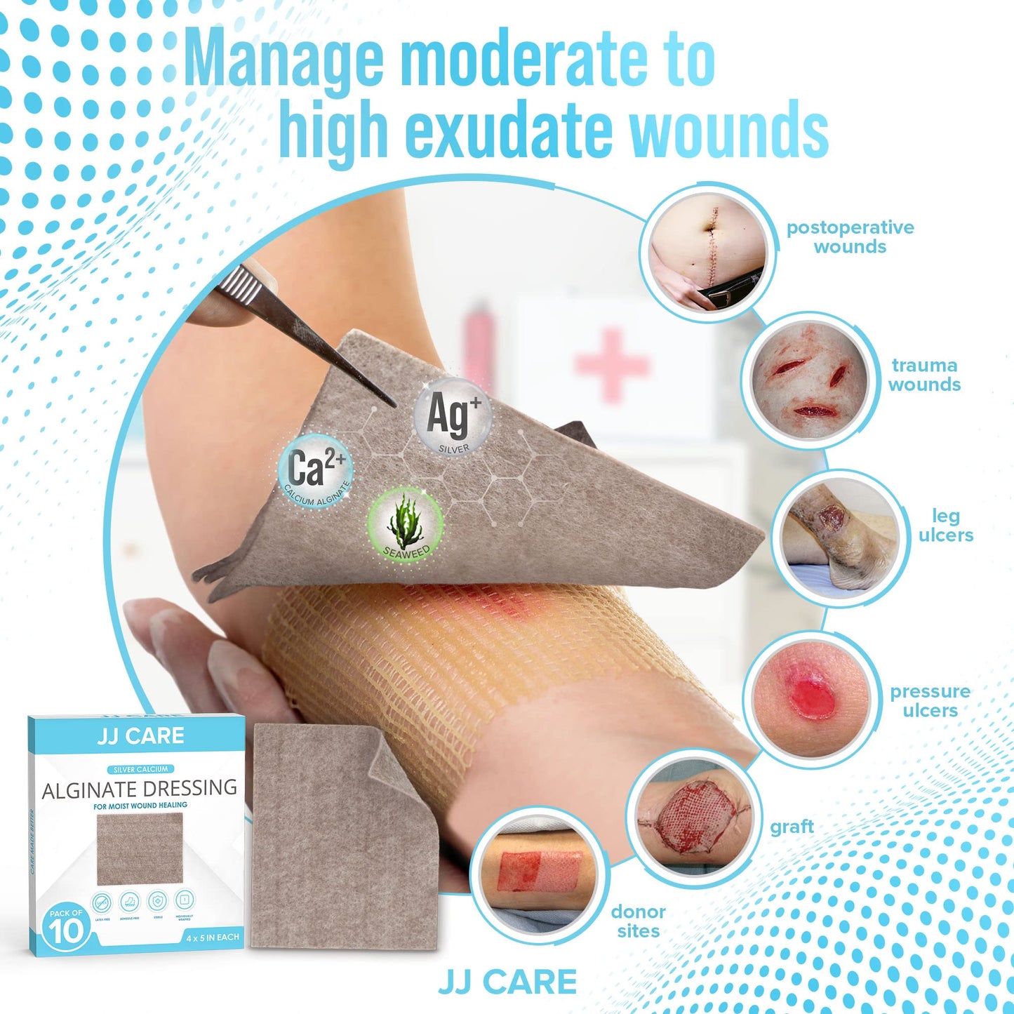 JJ CARE Silver Calcium Alginate Wound Dressing (Pack of 10) 4x5, Silver Alginate Wound Dressing Individually Packed, Highly Absorbent Non-Adherent Bandages for Wound Care