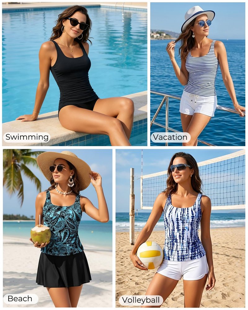 Aqua Eve Tankini Tops for Women Swimwear Top Only Tummy Control Bathing Suit Top No Bottom (Available in Plus) Black XL