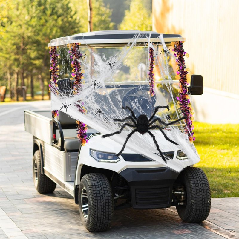 DANHMAO 34 PCS Halloween Golf Cart Decoration Kit Include Vibrant Purple & Yellow Streamers, Stretchy Spider Web, Small & Giant Spider for Halloween Car Parade Decor Indoor Outdoor