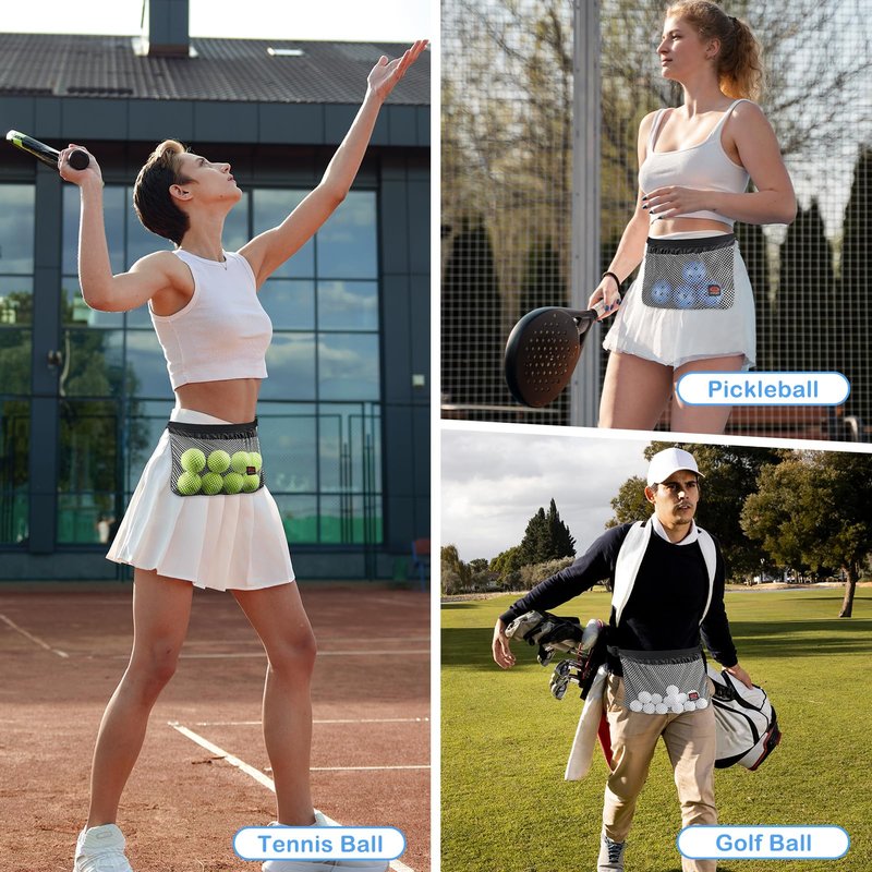 NVAAV 2 Pack Tennis Ball Band Holder, Pickleball Waist Pouch Bag with Adjustable Belt, Mesh Waist Hip Ball Bag Storage Pouch Carrier, Fanny Pack Holding 8-10 Balls for Tennis, Pickleball, Golf