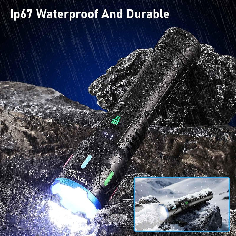 Voylite Flashlights High Lumens Rechargeable 5000mAh with LCD Power Display, Super Bright 100000 Lumen Flashlight, IPX7 Waterproof, 3 Modes & Zoomable (1500m), Belt Clip for Camping, Hiking, Emergency