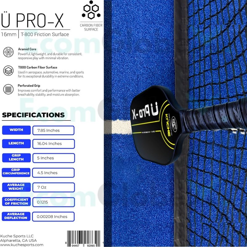 Kuche U PRO-X | T-800 Carbon Fiber Pickleball Paddle - Aramid Honeycomb Core -16MM Thick Sandblasted Surface for Spin & Control - USAPA Approved Pickle Ball Equipment for Men & Women