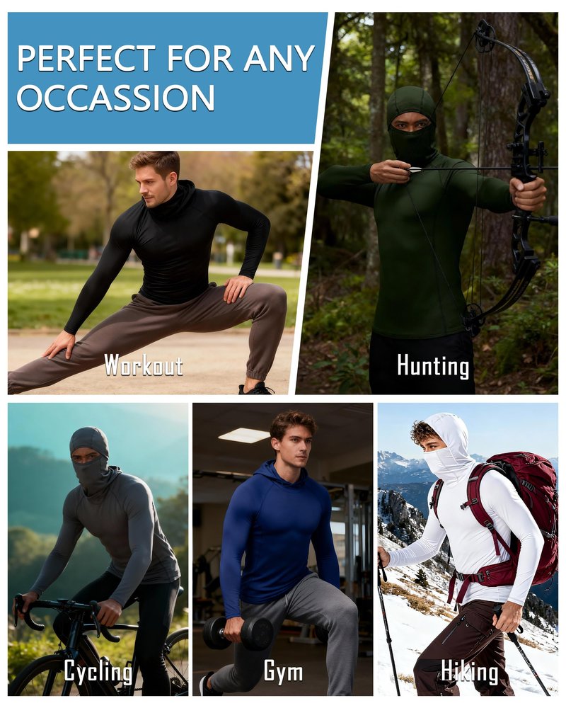 RIKUAOU Men's Compression Shirt Hoodie with Mask, Long Sleeve Athletic Base Layer Top, Cool Dry Workout Sports Undershirt Black