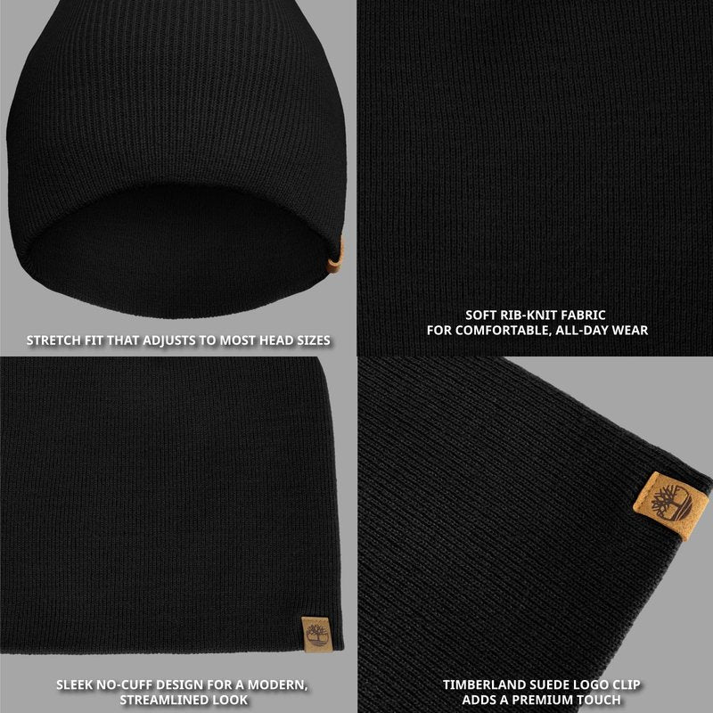 Timberland Men’s Ribbed Pull-On No Cuff Beanie - Soft Rib Knit Winter Hat, Stretch Fit, Warm Classic Look, Suede Logo Clip, Black, One Size