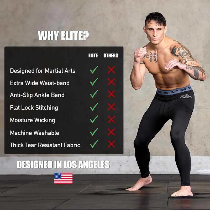Elite Sports New Item Workout Standard MMA BJJ Spats Base Layer Compression Pants Tights, Black, Large