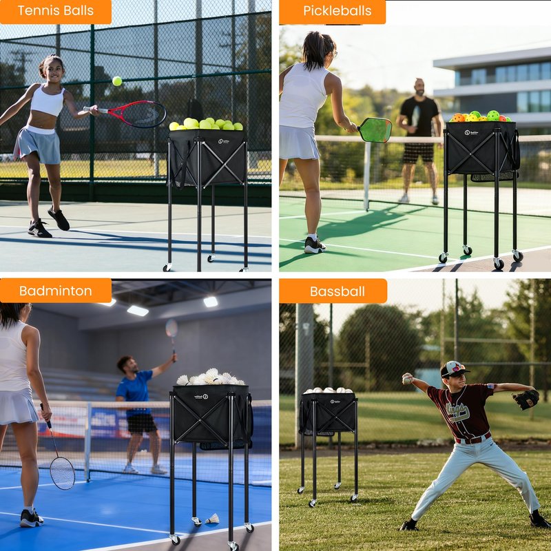ShelfElites Portable Tennis Ball Hopper & Pickleball Basket, Foldable Tennis Ball Cart with Storage Bag, Multi-Sport Ball Collector for Training & Practice(Big)