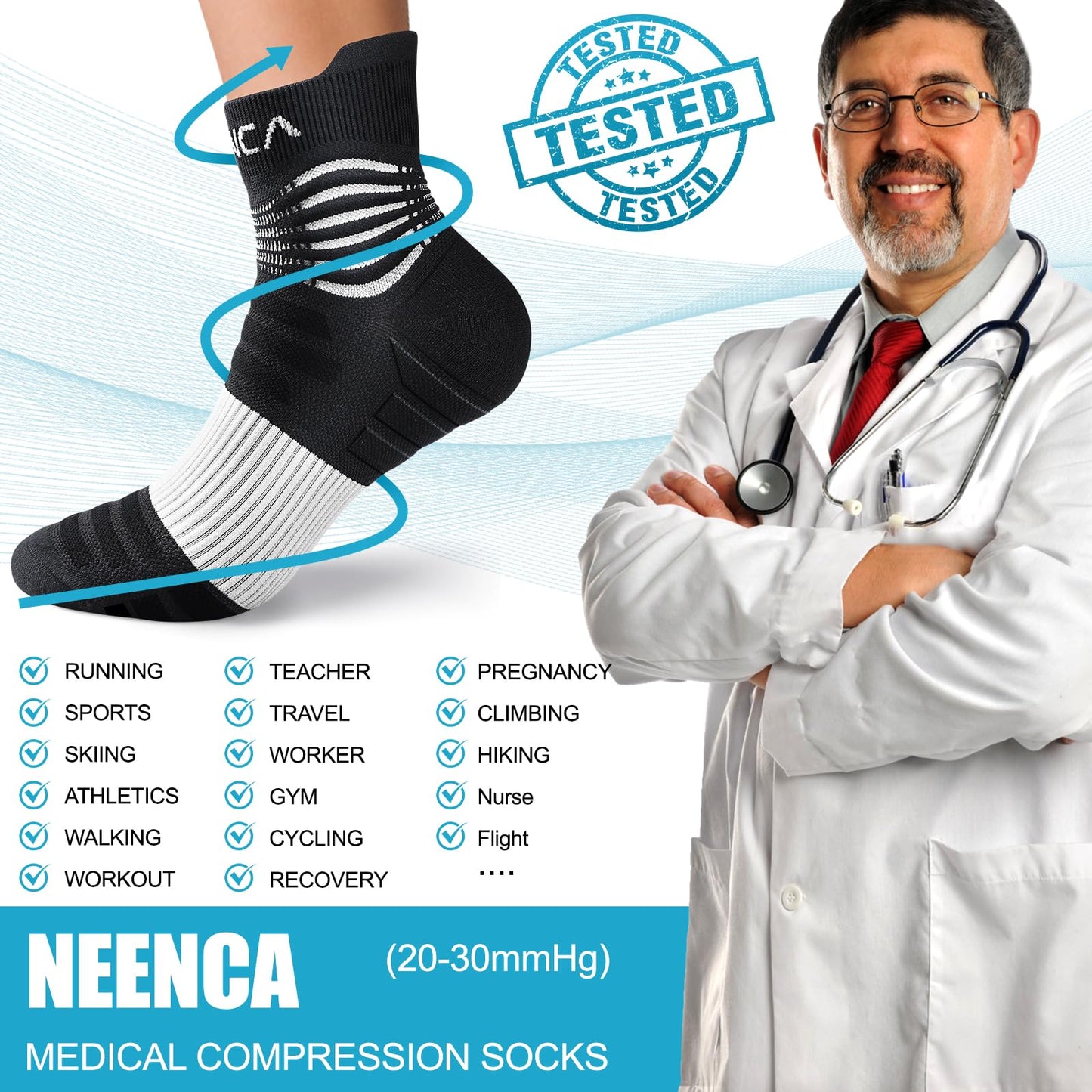 NEENCA Medical Compression Socks for Women & Men Circulationâ2 Pairs, Ankle Compression Stockings for Pain Relief, Plantar Fasciitis, Swelling, Running, Nurses, Travel, Pregnancy, Flying. 20-30 mmHg