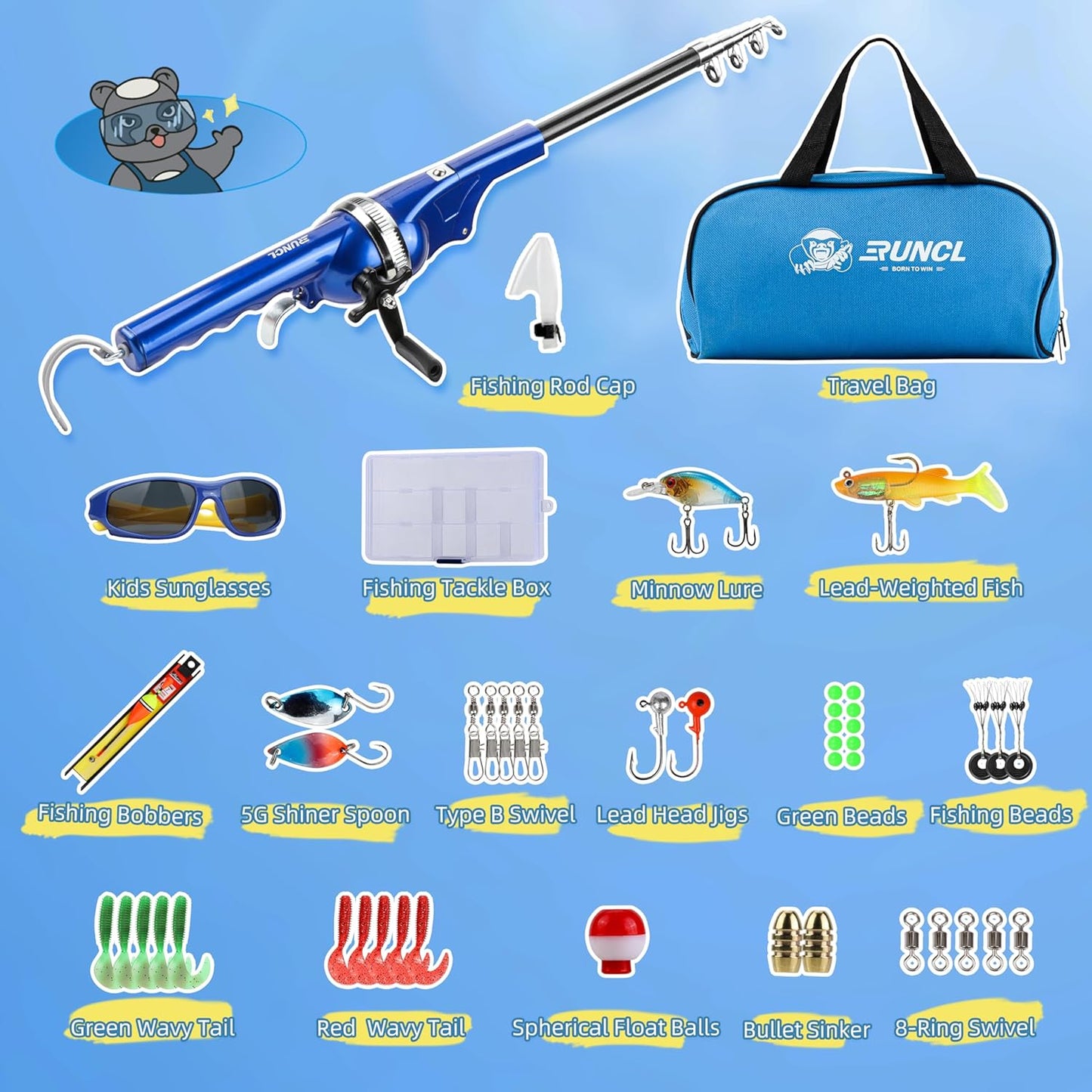 Kids Fishing Pole - Portable Folding Rod & Reel Combo Kit | Includes Sunglasses, Tackle Box & Travel Bag