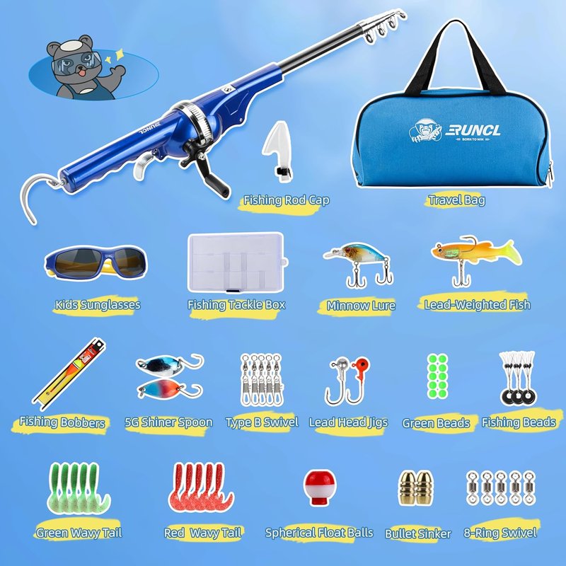 Kids Fishing Pole - Portable Folding Rod & Reel Combo Kit | Includes Sunglasses, Tackle Box & Travel Bag