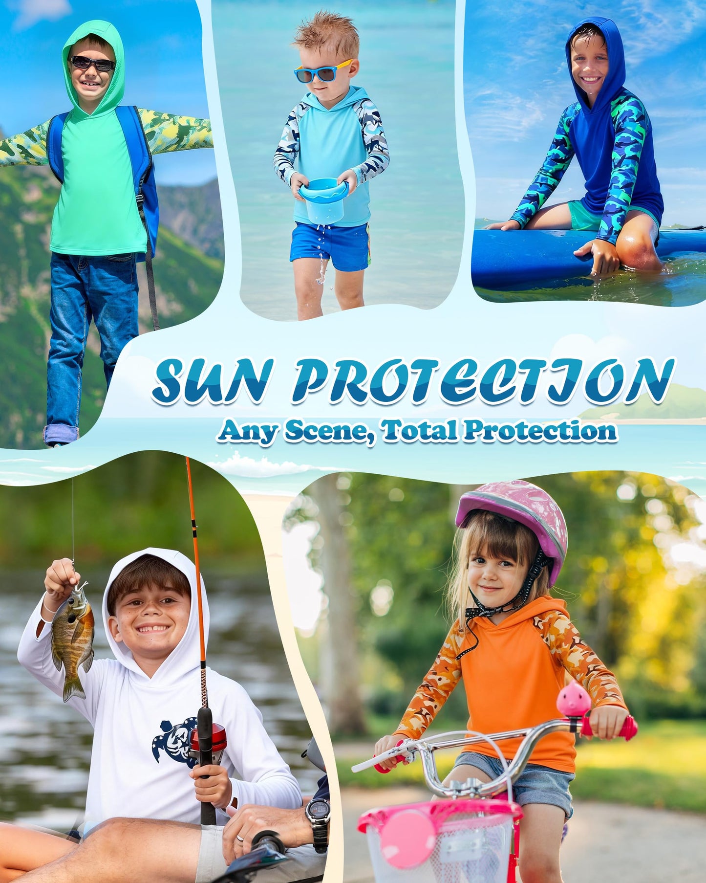 DRONIRING Boys Rash Guard Swim Hoodie, UPF 50+ UV Sun Protection Long Sleeve Fishing Shirt, Kids Youth SPF Water Shirts Crystal Blue