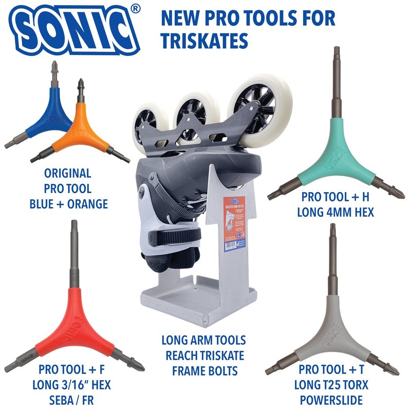 SONIC Pro Inline Skate Tool + H, Long 4mm hex for triskate Frame mounting Bolts, 7 Tools, Rotate Wheels, Remove Bearings, Designed in USA