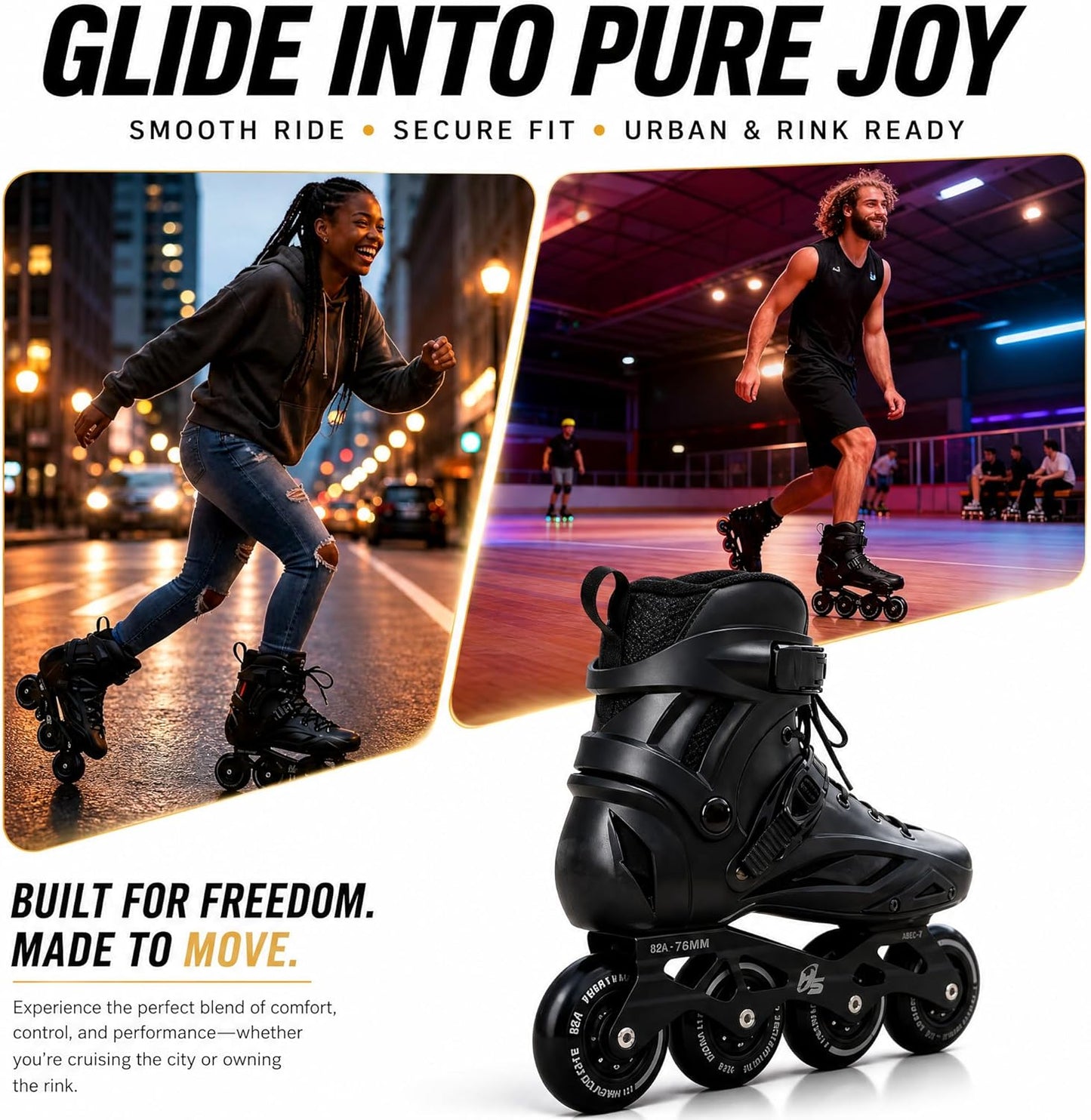 High-Performance Inline Skates for Men & Women - Ankle Support, Aluminum Frame | Smooth Ride on Asphalt & Indoor Fitness, Black