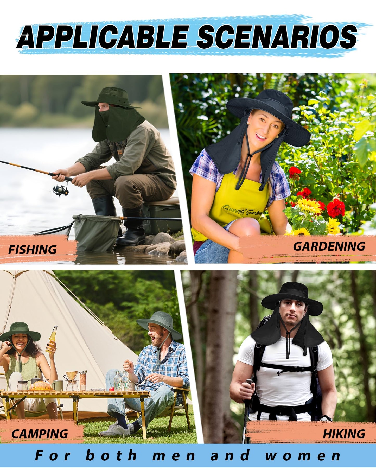 Wide Brim Sun Hat with Detachable Face Cover & Neck Flap Waterproof Safari Fishing UPF 50+ UV Protection Hat for Men Women Black