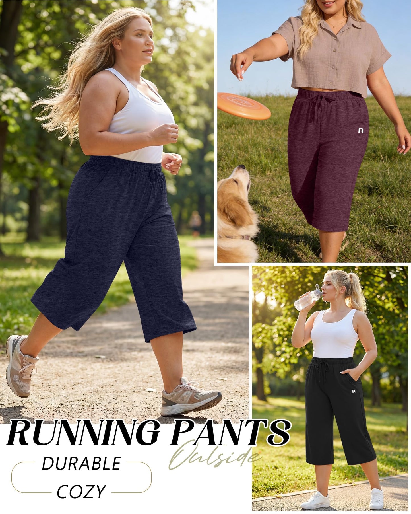 Neer 3 Pack Women's Plus Size Capris,Wide Leg Loose Pants Casual Drawstring Capri Sweatpants Drawstring Pants with Pockets(Black, Wine Red, Midnight Blue,3X-Large)