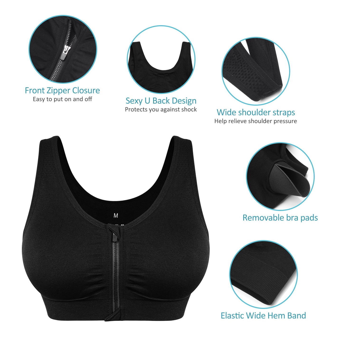 Women's Wireless Sports Bras with Zipper Closure - Comfortable Padded Post Surgery & Recovery Bras - 3 Pack