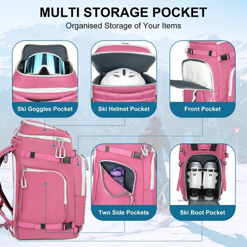 Lunidry Ski Boot Bag, 65L Waterproof Ski Bag & Snowboard Boot Bag, Travel Backpack for Skis Snowboard Helmet Goggles & Accessories