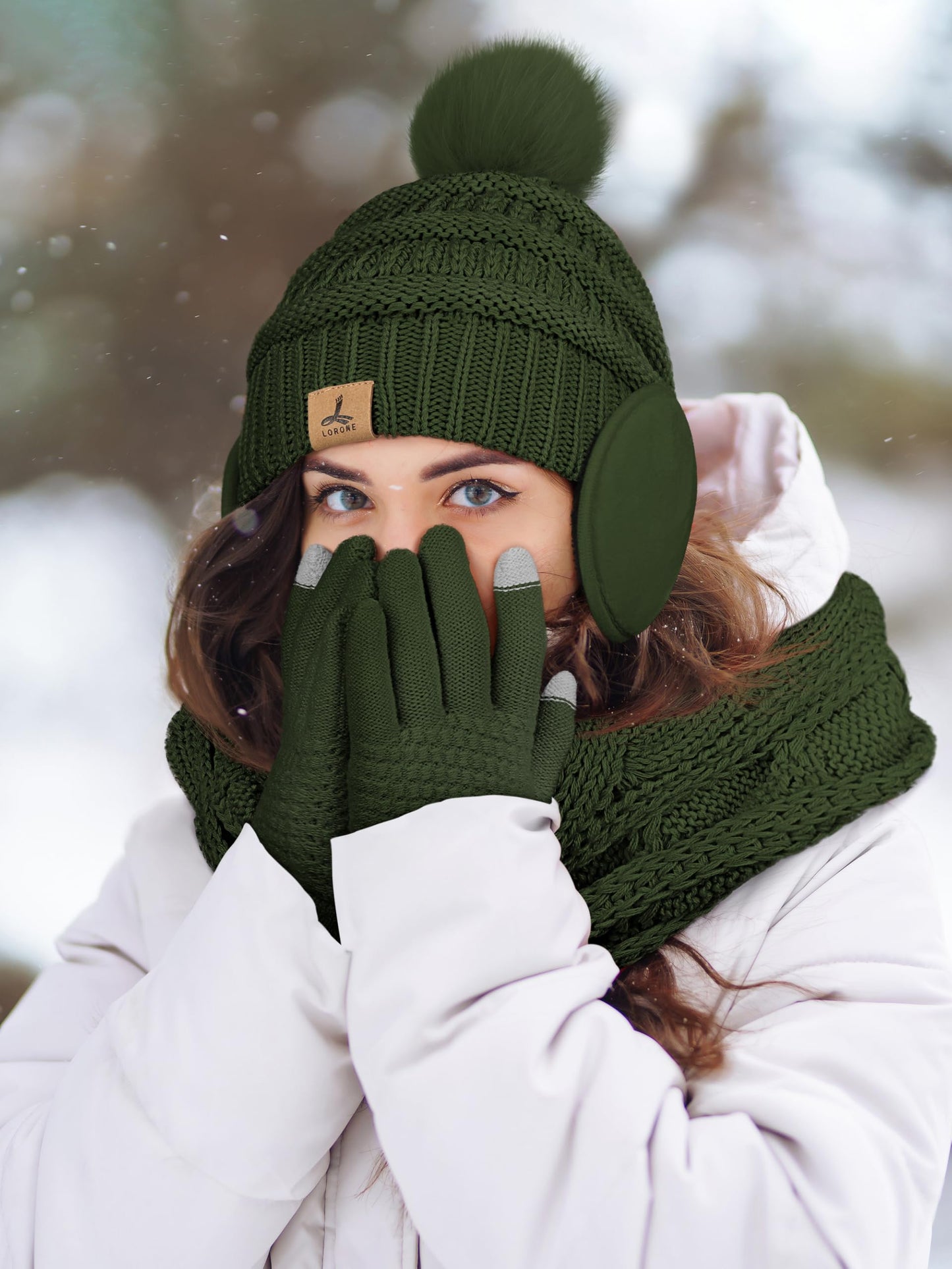 4 PCS White Variegated Winter Accessories for Women, Knit Beanie with Pom Poms Scarf Touch Screen Golves and Ear Warmer