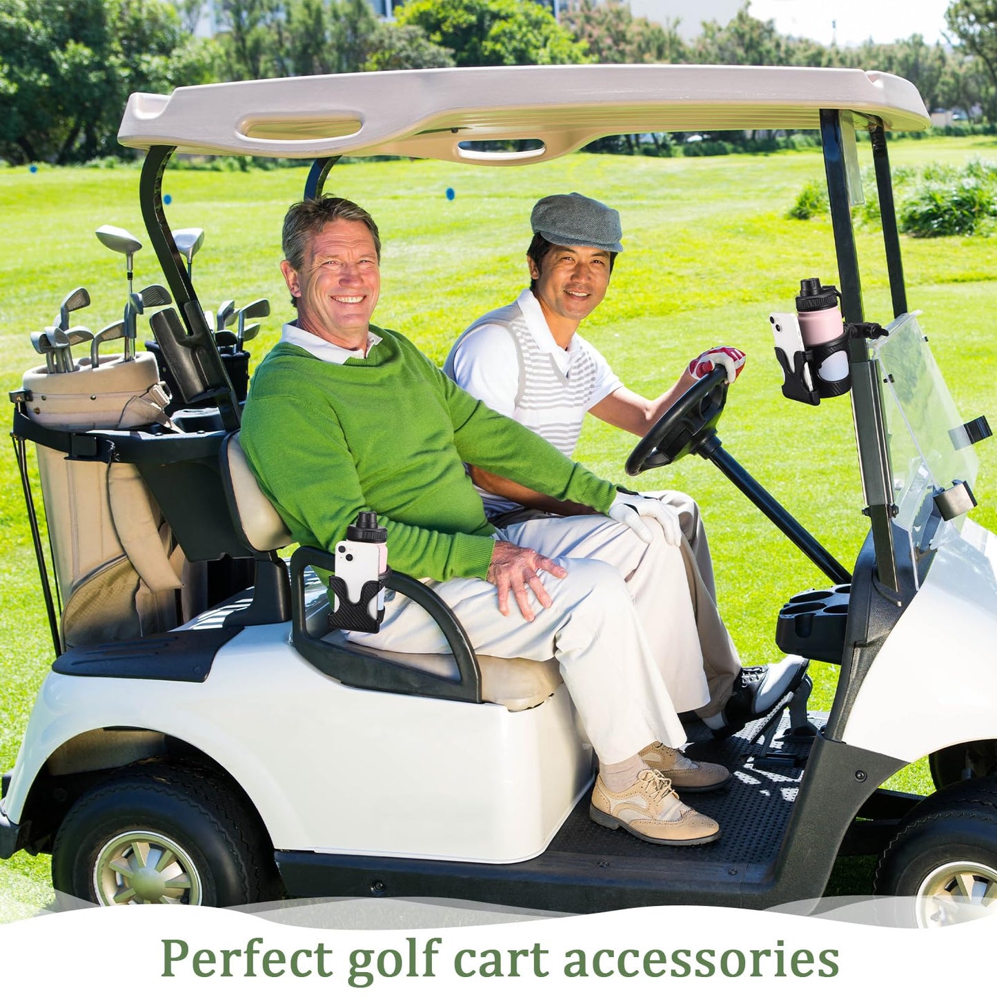 Wonderjune 1 Piece Cart Cup Holder with Phone Holder 2 in 1 Adjustable Cart Accessories for Front and Rear Seat Armrest (Black)