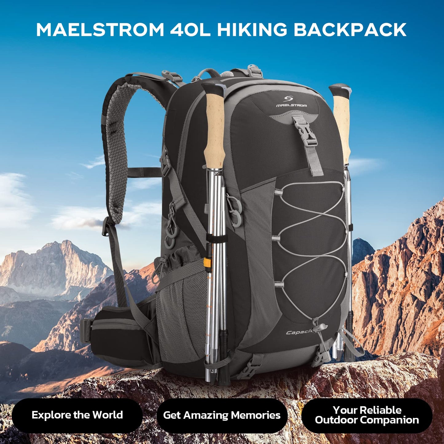 Maelstrom 40L Hiking Backpack, Lightweight Camping Daypack with Rain Cover