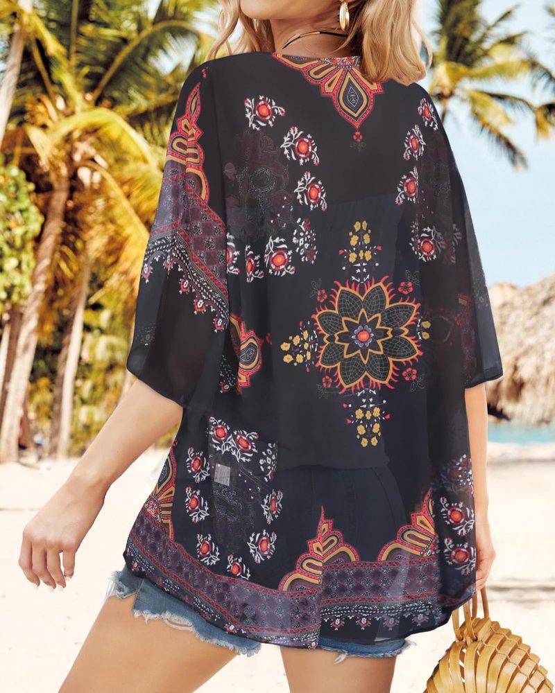 Womens Kimonos Beach Cover Up Chiffon Cardigan Floral Blouse Loose Fit Cape Top Summer Resortwear(Orange Black,XL)